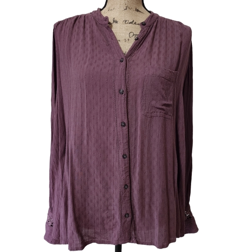 Free People Rockaway Oversized Crinkle Lace Back Long Sleeve Purple Blouse - XS